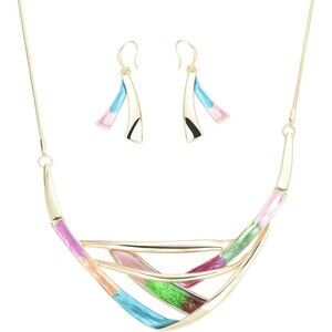 Retro Women's Crystal Floral Petal Leaf Chunky Statement Necklace and Earrings S